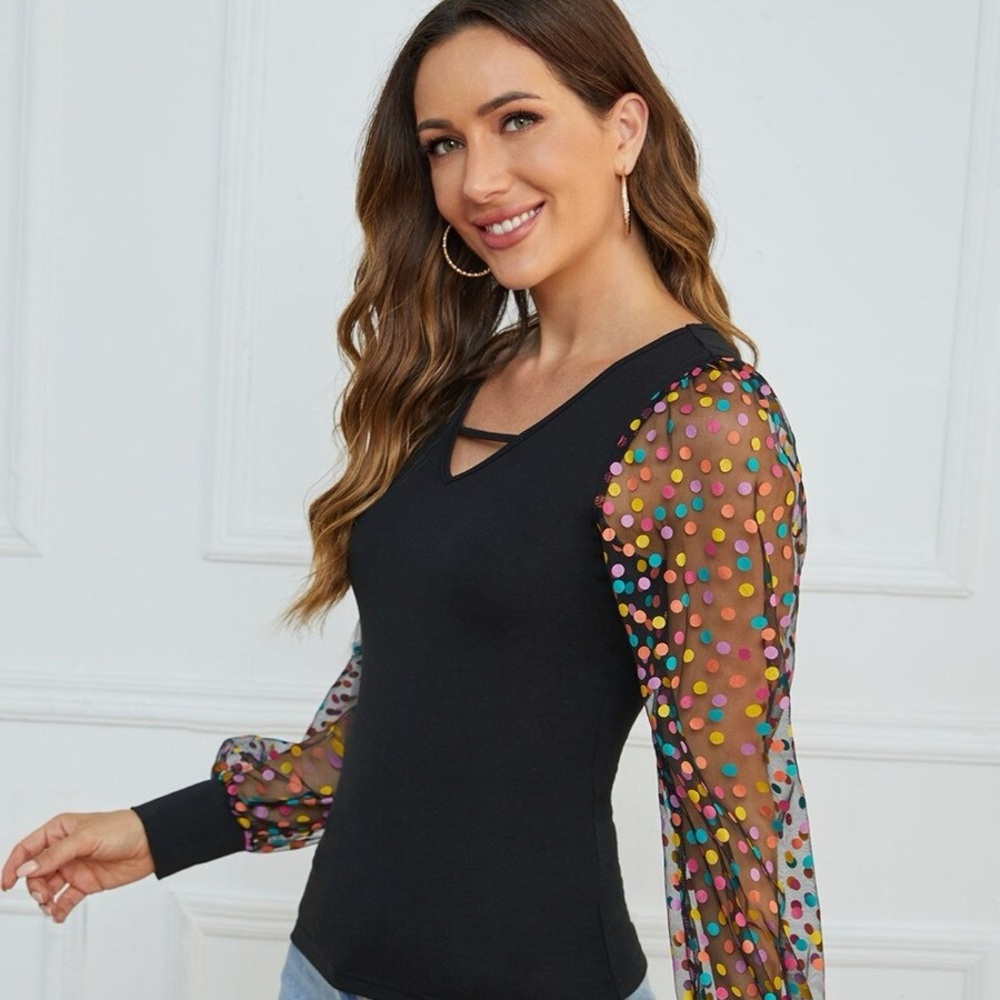 Black Top with Sheer Statement Multicolor Polka Dot Sleeves Confetti Maximalism